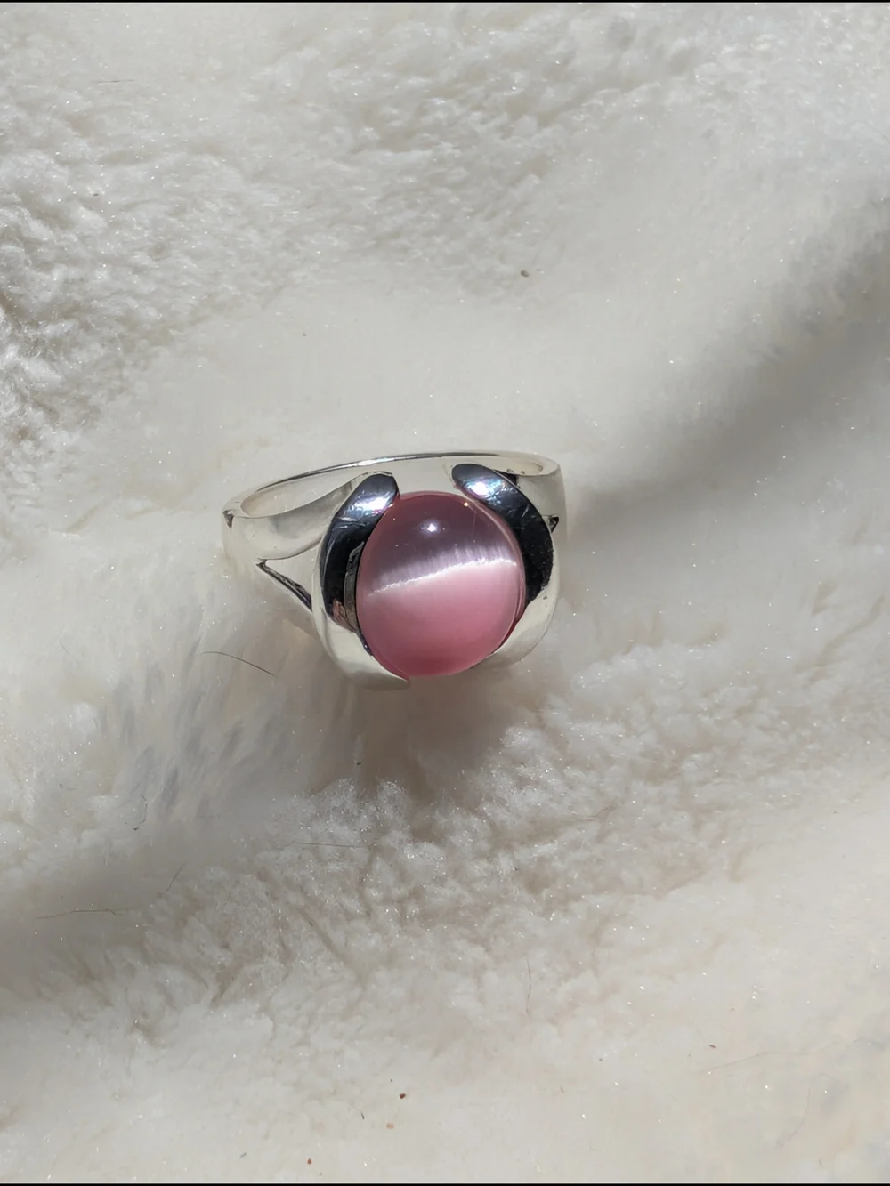 925 Sterling Silver Pink Cat’s Eye Cabochon Statement Ring Size 7.5